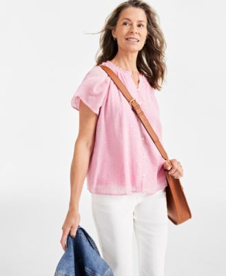 Style & Co - Petite Mini Blossom Flutter-Sleeve Shine Blouse