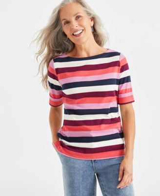 Style & Co - Petite Block Striped Elbow-Sleeve Top