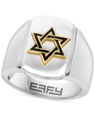 EFFY Collection - Men's Black Enamel Star of David Ring in Sterling Silver & 14k Gold-Plate