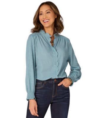 Democracy - Petite Embroidered Scalloped-Trim Blouse