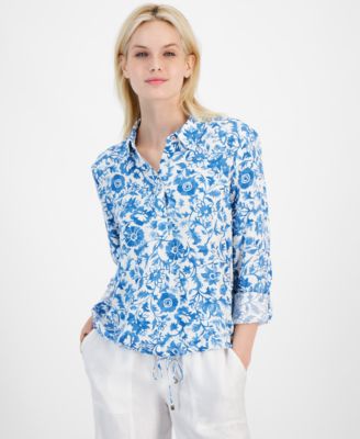 Tommy Hilfiger - Women's Printed Roll-Tab-Sleeve Popover Shirt