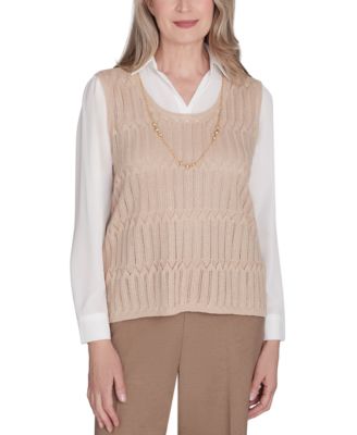 Alfred Dunner - Petite Collared Layered-Look Necklace Sweater