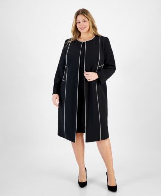 Kasper - Plus Size Contrast-Tipped Collarless Long Jacket