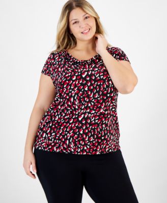 Kasper - Plus Size Animal-Print Cowl-Neck Blouse