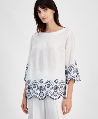 Charter Club - Women's Cutwork-Trim Linen Shirt