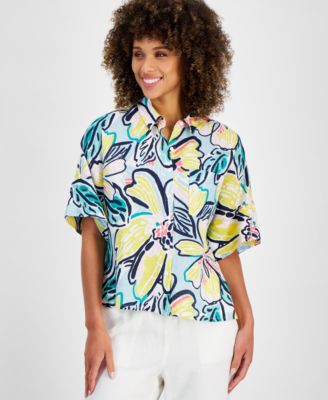 Charter Club - Women's Wildflower Linen Crochet-Trim Shirt