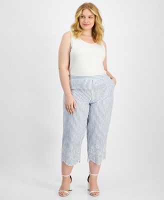Charter Club - Plus Size Woven Cropped Cutwork Linen Pants
