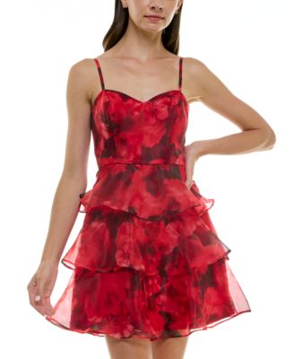 BCX - Juniors' Rose-Print Ruffle Fit & Flare Dress