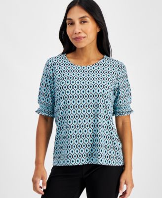 AK Anne Klein - Petite Printed Elbow-Sleeve Smocked-Cuff Top