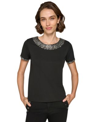 KARL LAGERFELD PARIS - Women's Crystal-Neck T-Shirt