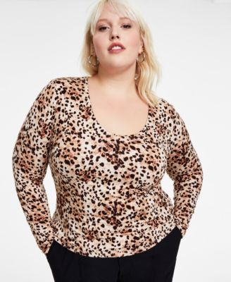 Bar III - Trendy Plus Size Cheetah-Print Long-Sleeve Voop Top