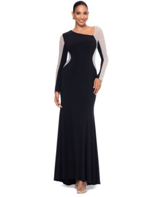 XSCAPE - Women's Asymmetrical Rhinestone-Mesh-Sleeve Gown