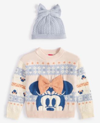Disney - Toddler & Little Girls Minnie Mouse Intarsia Sweater & Cable-Knit Beanie, 2 Piece Set