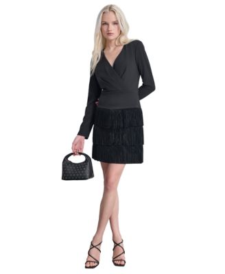 DKNY - Women's Tiered Fringe-Trim Drop-Waist Dress