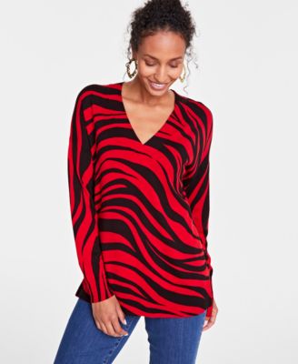 I.N.C. International Concepts - Women's Zebra-Print V-Neck Sweater, Created for Macy's