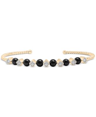 Macy's - Onyx Bead & White Topaz (1/3 ct. t.w.) Cuff Bangle Bracelet in 14k Gold-Plated Sterling Silver