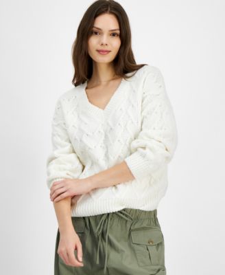 Hippie Rose - Juniors' Heart Cable-Knit V-Neck Sweater