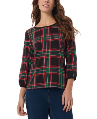 Jones New York - Petite Plaid 3/4-Sleeve Crewneck Top