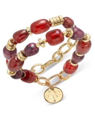 Style & Co - Gold-Tone 2-Pc. Set Hammered Disc Charm Stone Beaded Stretch Bracelets