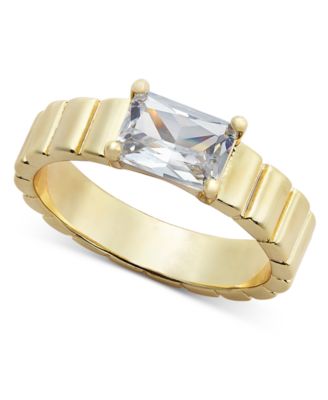 On 34th - Gold-Tone Baguette Crystal Textured Band Ring
