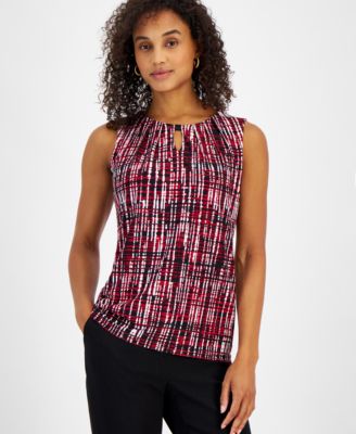 Kasper - Women's Graphic-Print Pleat-Neck Sleeveless Knit Top