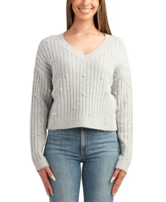 BCX - Juniors' Faux-Pearl Studded V-Neck Sweater