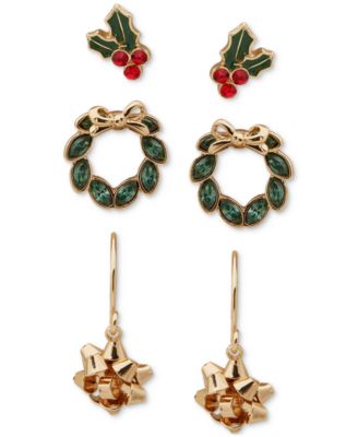 lonna & lilly - Gold-Tone 3-Pc. Set Crystal Holly, Wreath & Bow Earrings