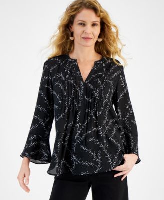 Style & Co - Women's Printed Split-Neck Pintuck Bell-Sleeve Top