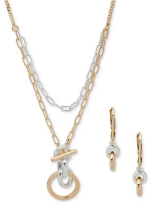Anne Klein - Two-Tone Linked Ring Layered Pendant Necklace & Drop Earrings Set