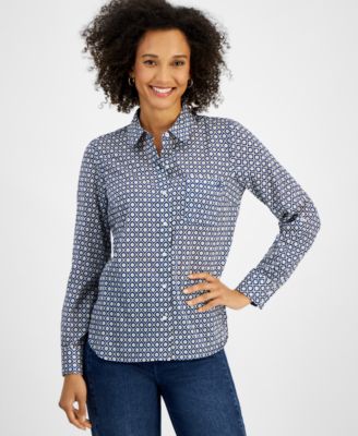 Nautica Jeans - Women's Cotton Tile-Print Roll-Tab Shirt