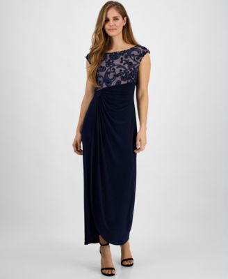 Connected - Women's Soutache Lace Cap-Sleeve Faux-Wrap Gown