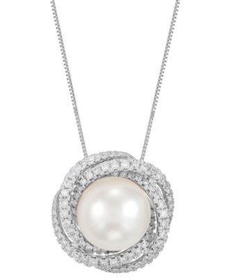 Grown With Love - Cultured Ming Pearl (11mm) & Lab Grown Diamond (5/8 ct. t.w.) Love Knot 18" Pendant Necklace in 14k White Gold