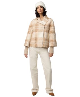 Soia & Kyo - Women's Asymmetric Knit-Sleeve Plaid Coat