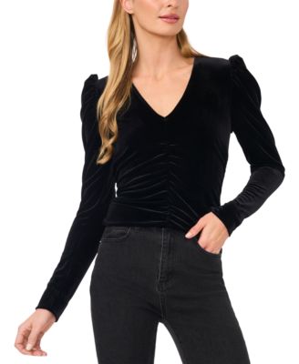 CeCe - Women's Velvet V-Neck Ruched Long-Sleeve Top