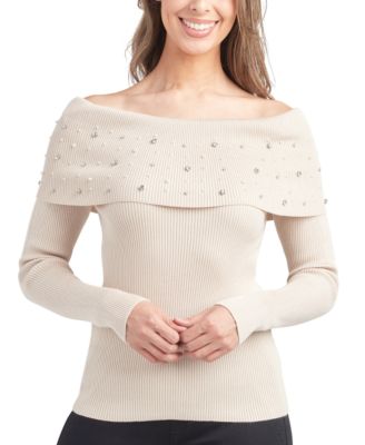 BCX - Juniors' Off-The-Shoulder Embellished Long-Sleeve Sweater