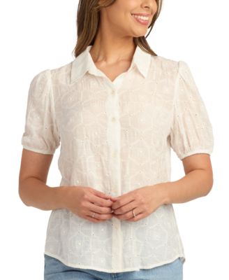 BCX - Juniors' Pointelle Embroidered Puffed-Sleeve Blouse