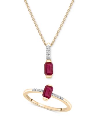 Macy's - 2-Pc. Set Lab-Created Ruby (1-1/2 ct. t.w.) & Diamond (1/20 ct. t.w.) Emerald-Cut Pendant Necklace & Ring in 14k Gold-Plated Sterling Silver