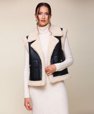 Avec Les Filles - Women's Faux Leather Faux Sherpa Trucker Vest