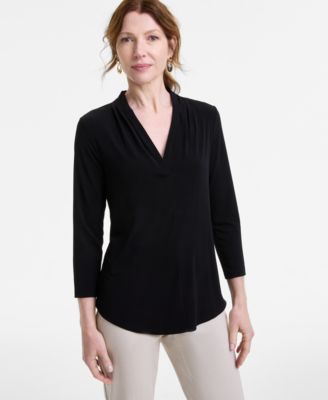 JM Collection - Women's Solid-Color V-Neck Pleat Top