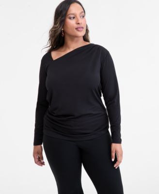 I.N.C. International Concepts - Plus Size Asymmetric-Neck Long-Sleeve Top
