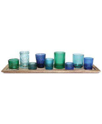 3R Studio - 10-Pc. Wood Tray & Green Glass Votive Holders