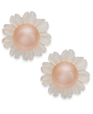 Macy's - Pink Cultured Button Freshwater Pearl (6 mm) & White Mother-of-Pearl (12 mm) Stud Earrings in Sterling Silver