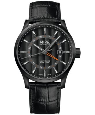 Mido - Men's Swiss Automatic Multifort Dual Time Black Leather Strap Watch 42mm