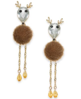 Holiday Lane - Gold-Tone Crystal & Faux-Fur Reindeer Linear Drop Earrings