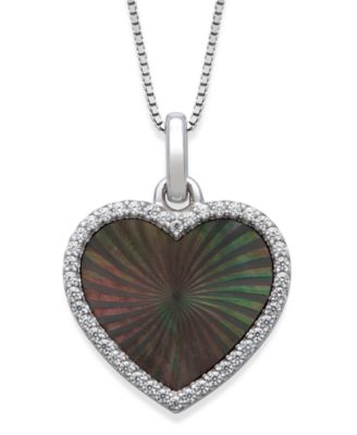 Macy's - Black Mother of Pearl 14x13mm and Cubic Zirconia Heart Shaped Pendant with 18" Chain in Sterling Silver