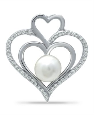 Macy's - Imitation Pearl and Cubic Zirconia Pave Triple Heart Slide Pendant on in Fine Silver Plate 18"