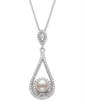 Macy's - Cultured Freshwater Pearl 6.5-7mm and Cubic Zirconia Drop Pendant in Sterling Silver with 18" Chain