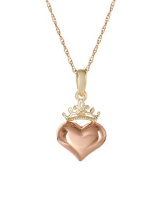 Disney - Children's Heart & Crown 15" Pendant Necklace in 14k Yellow Gold and 14k Rose Gold