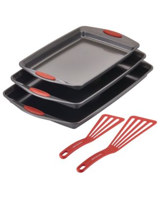 Rachael Ray - Nonstick Bakeware Cookie Pan Set, 5-Pc., Gray with Red Silicone Grips