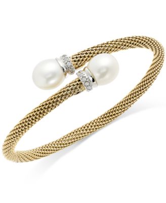 Macy's - Cultured Freshwater Pearl Mesh Cuff Bracelet in 14k Gold over Sterling Silver (10mm)